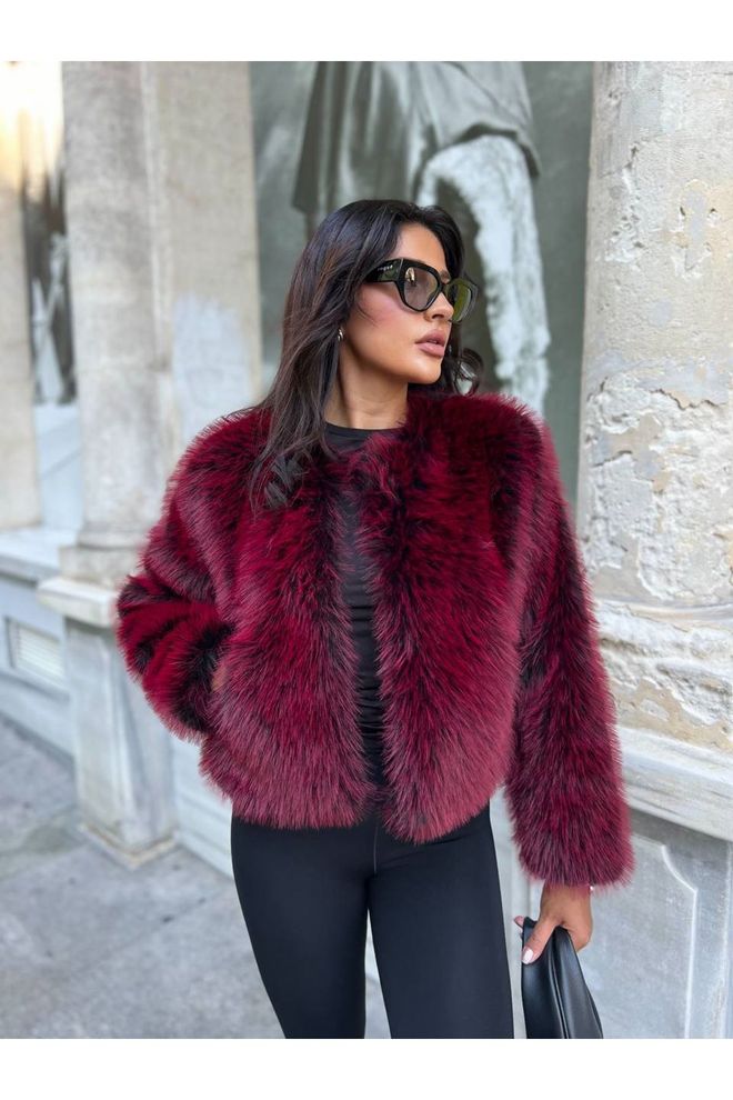 Maxi Modena Rdeč Bordo Krznen Plašč Oblačila na debelo Vintage