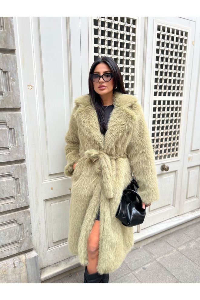 Maxi Modena Bej Zarif Kürk Anvelop Kaban Toptan Giyim Nostaljik