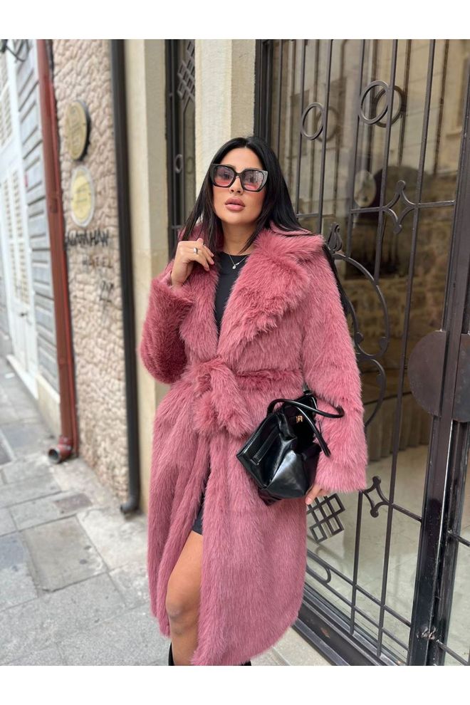 Maxi Modena Pink Elegant Fur Wrapover Coat Wholesale Clothing Work