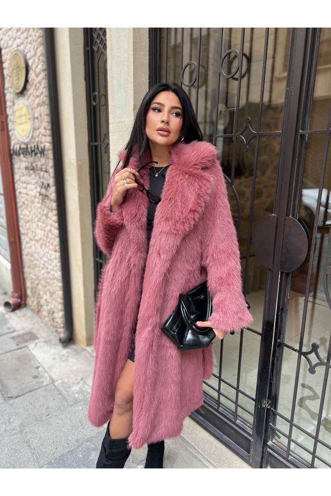 Maxi Modena Pink Elegant Fur Wrapover Coat Wholesale Clothing 1
