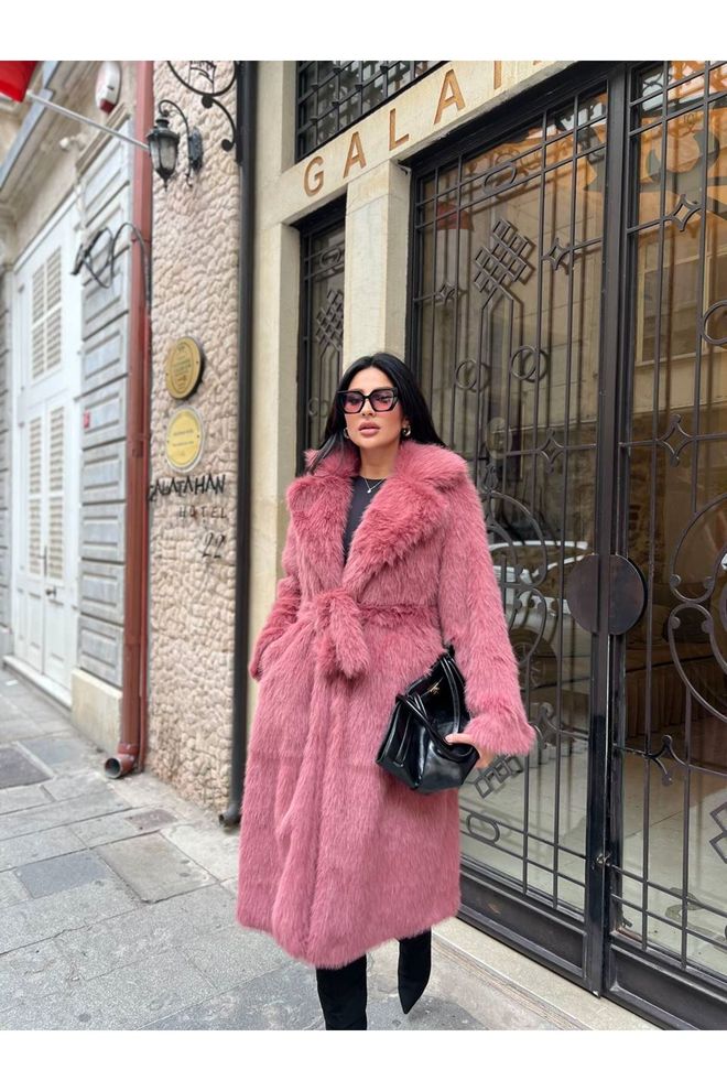 Maxi Modena Roza Eleganten Krznen Wrapover Plašč Z Zavezavo Oblačila na debelo Vintage