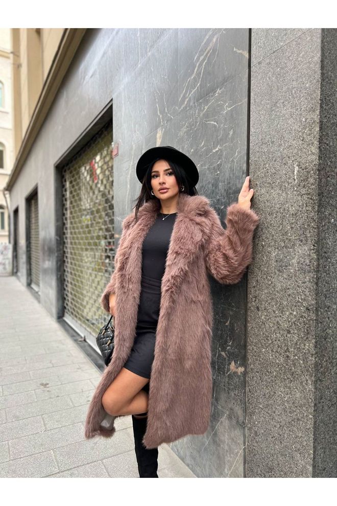 Maxi Modena Kahverengi Zarif Kürk Anvelop Kaban Toptan Giyim Nostaljik