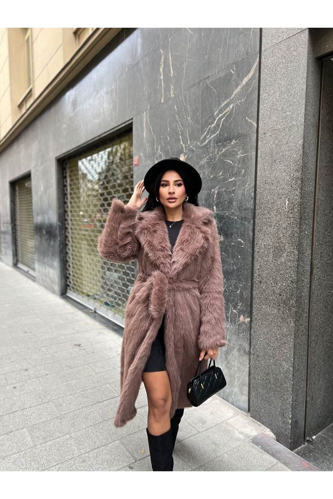 Maxi Modena Brown Elegant Fur Wrapover Coat Wholesale Clothing Lounge