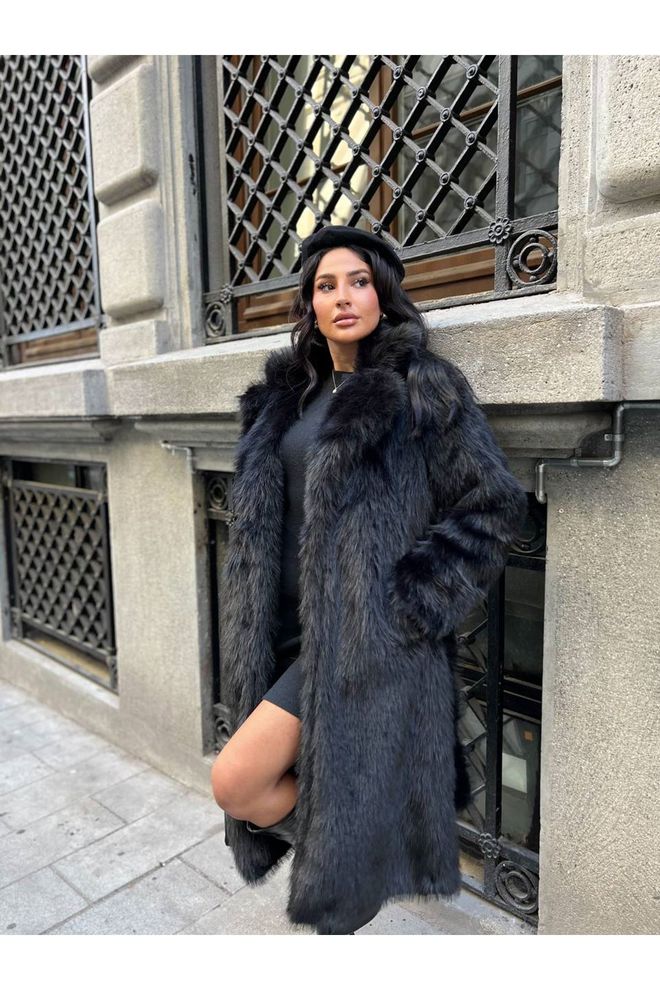 Maxi Modena Siyah Zarif Nostaljik Işıltılı Kürk Kaban Toptan Giyim Nostaljik