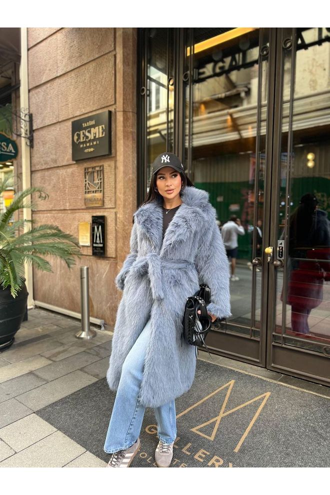 Maxi Modena Manteau Bleu Élégant En Fourrure Enveloppant Vêtements en gros Décontracté