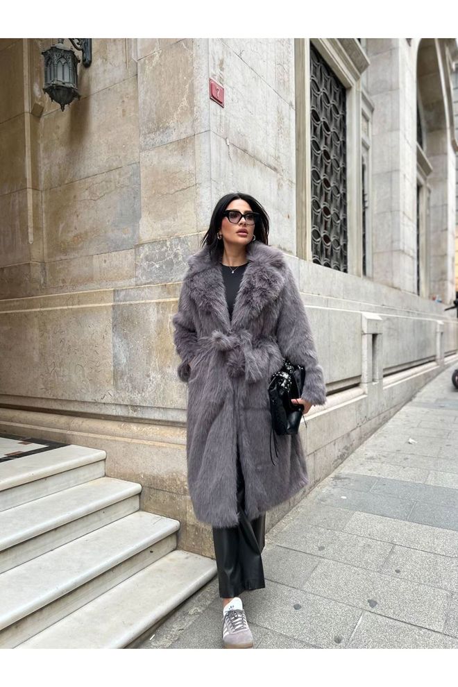 Maxi Modena Casaco De Pele Cinzento Elegante E Glamoroso Com Colar Entalhado Roupas por atacado Casual