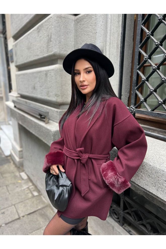 Maxi Modena Bordo Oversize Anvelop Bağlamalı Kaban Toptan Giyim Tesettür
