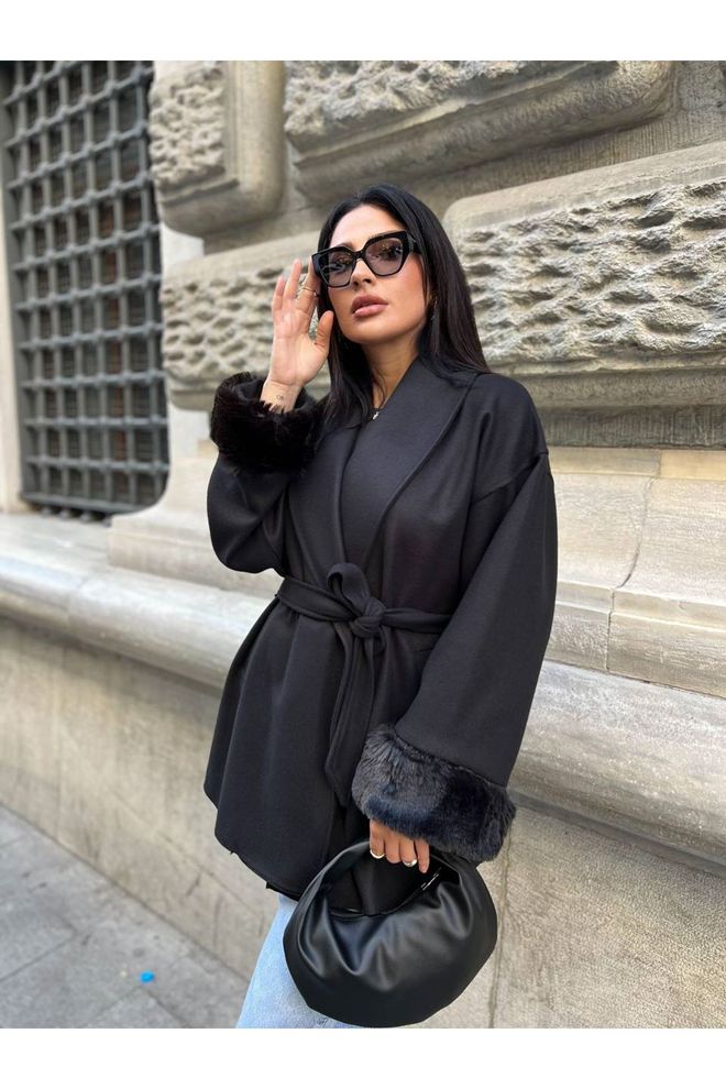 Maxi Modena Bağlamalı Oversize Siyah Anvelop Kaban Toptan Giyim Gündelik