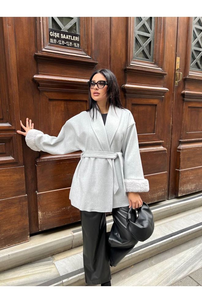 Maxi Modena Çentikli Yaka Ecru Anvelop Kaban Toptan Giyim Gündelik
