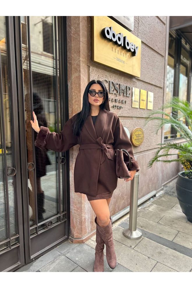 Maxi Modena Çentikli Yaka Kahverengi Anvelop Kaban Toptan Giyim Gündelik