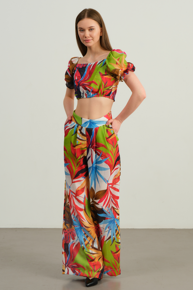 Maxi Modena Kırmızı Çiçekli Boho Karpuz Kol Palazzo Set Toptan Giyim Gündelik