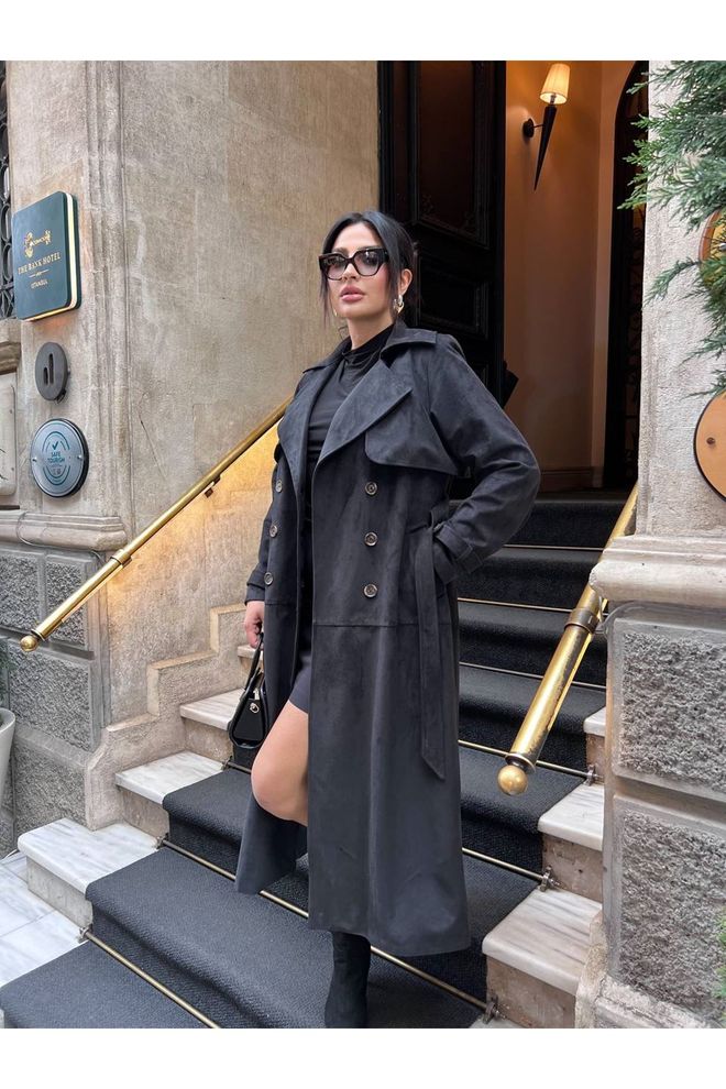 Maxi Modena Črn Eleganten Formalen Vintage Ležerni Retro Trenčkot Oblačila na debelo Ležerno
