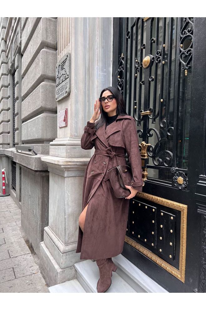 Maxi Modena Eleganten Rjav Trenčkot Z Zarezanim Ovratnikom Oblačila na debelo Ležerno
