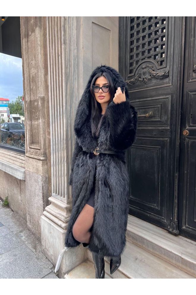 Maxi Modena Siyah Kürk Kapüşonlu Kaban Zarif Uzun Kollu Bağlamalı Toptan Giyim Nostaljik