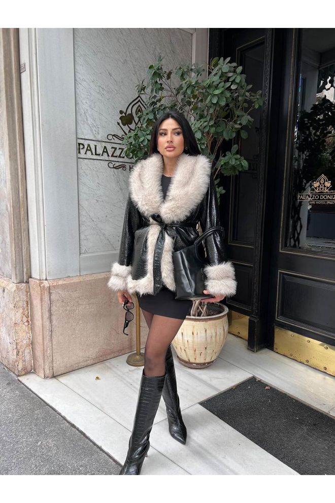 Maxi Modena Zarif Siyah Anvelop Kaban Çentikli Yakayla Toptan Giyim Nostaljik