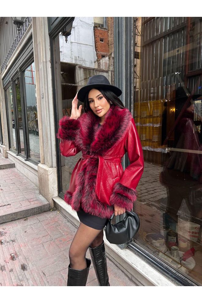 Maxi Modena Kırmızı Anvelop Kürk Kaban Çentikli Yakalı Toptan Giyim Nostaljik