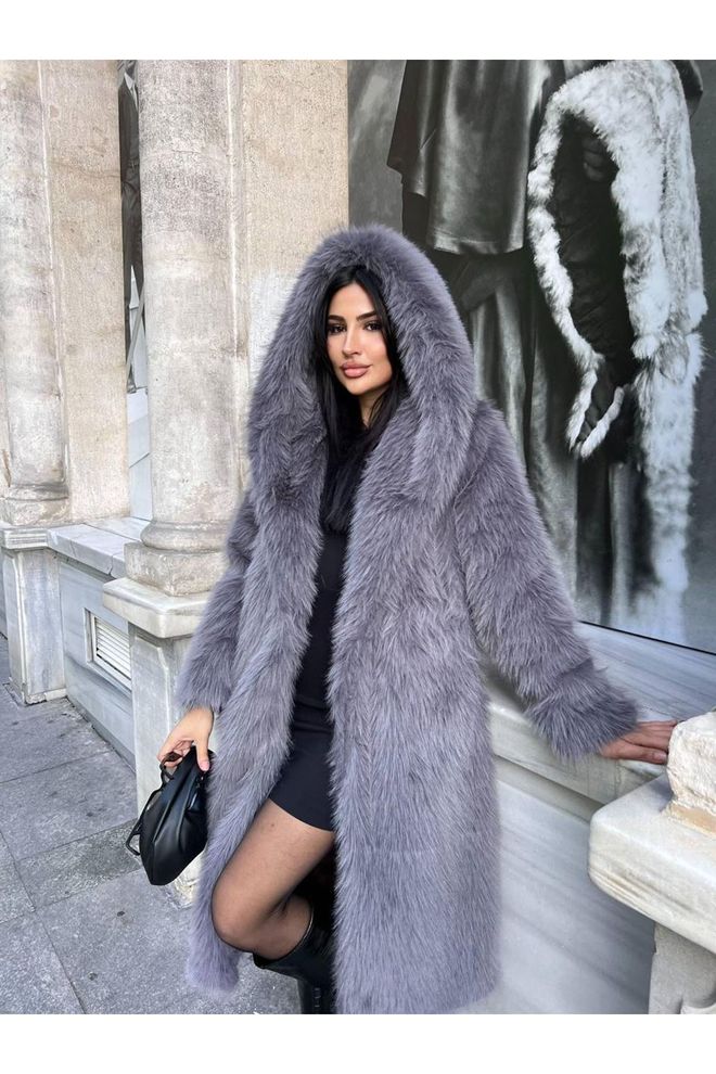 Maxi Modena Gri Zarif Kürklü Bol Kesim Bağlamalı Kaban Toptan Giyim Nostaljik