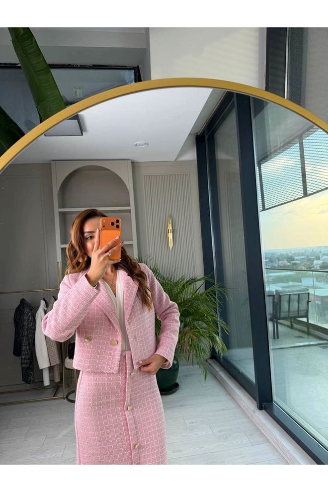 Maxi Modena Şık Pembe Damalı Dar Kalıp Kalem Etekli Set Toptan Giyim Tesettür