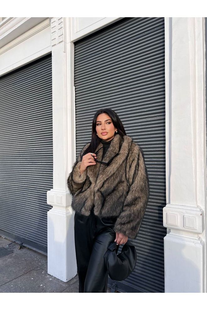 Maxi Modena Brown Fur Coat With Animal Print Pattern Wholesale Clothing 1