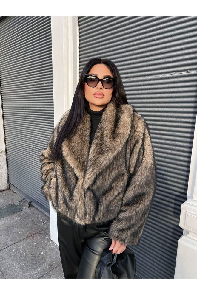 Maxi Modena Brown Fur Coat With Animal Print Pattern Wholesale Clothing Birthday