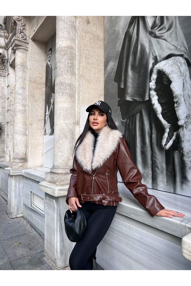 Maxi Modena Καφέ Γούνινο Bomber Σακάκι Με Τσέπες Με Φερμουάρ Χονδρικό εμπόριο ενδυμάτων Casual