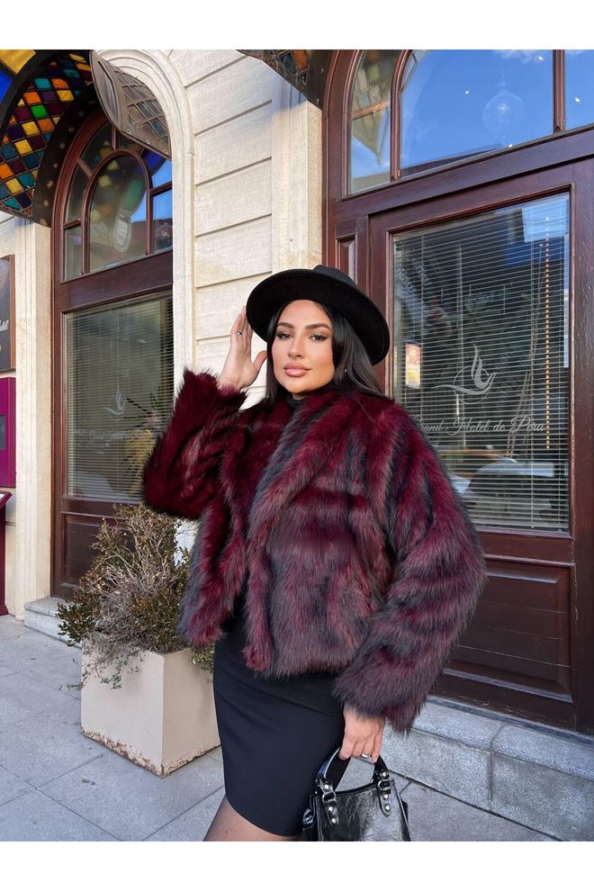 Maxi Modena Glam Bordo Krznen Plašč Zarezanim Ovratnikom Oblačila na debelo Vintage