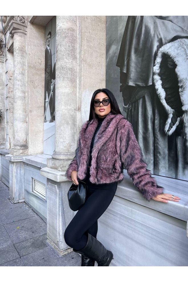 Maxi Modena Μωβ Κομψό Παλτό Γούνας Με Γιακά Με Εγκοπή Χονδρικό εμπόριο ενδυμάτων Σοδειά