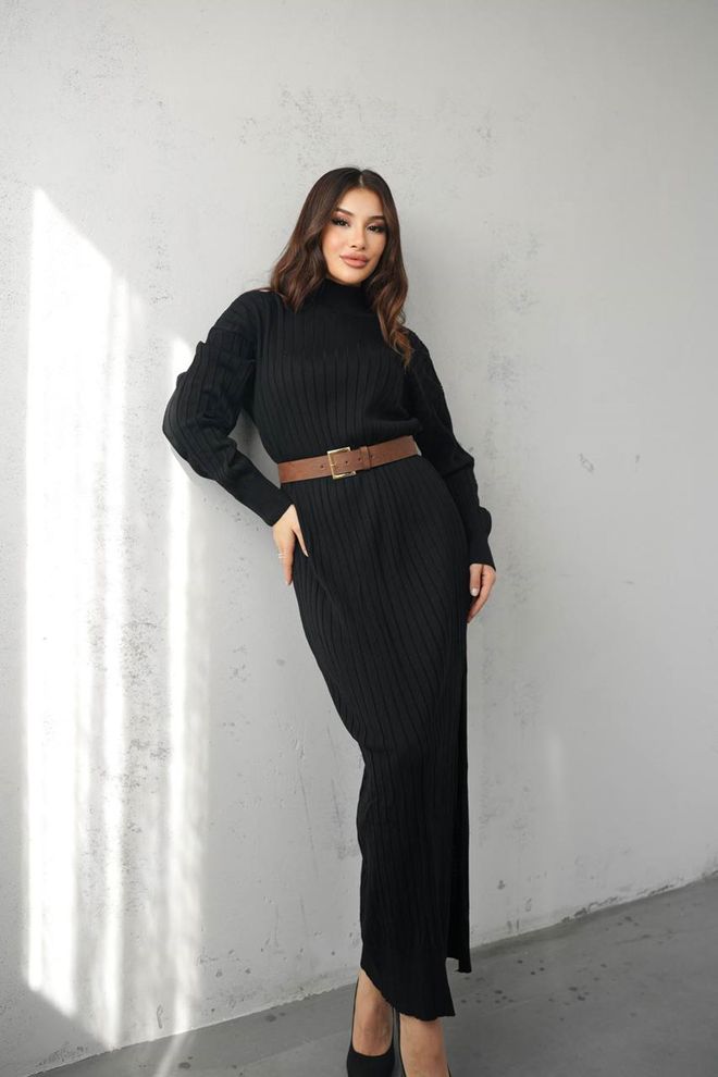 Maxi Modena Elegantné Čierne Svetrové Maxi Šaty S Vysokým Golierom Veľkoobchod s oblečením Práca