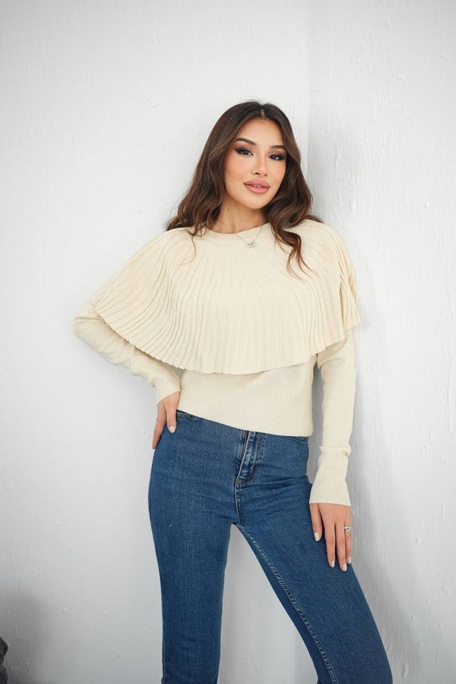 Maxi Modena Bej Dar Kalıp Yuvarlak Yaka Bluz Toptan Giyim Gündelik