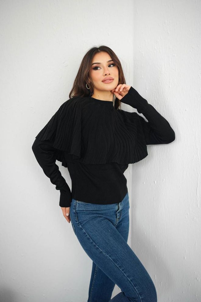 Maxi Modena Zarif Siyah Bluz Kayık Yaka Ve Uzun Kollu Toptan Giyim Gündelik