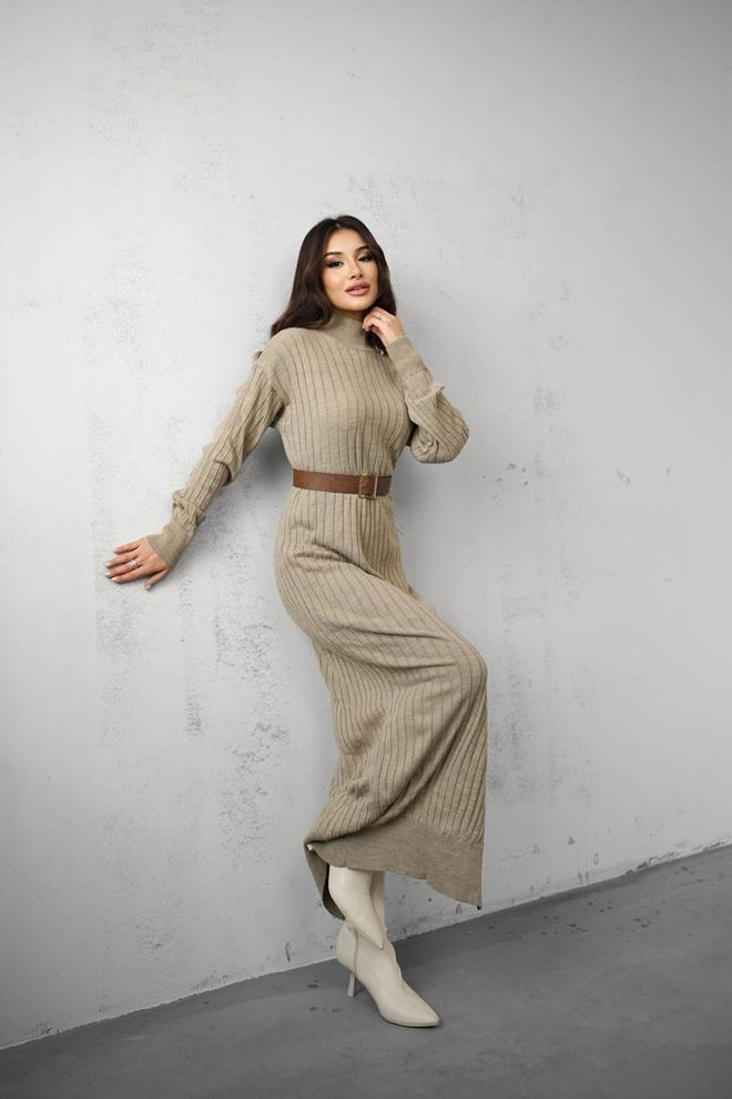 Maxi Modena Beige Striped Maxi Sweater Dress Wholesale Clothing Formal