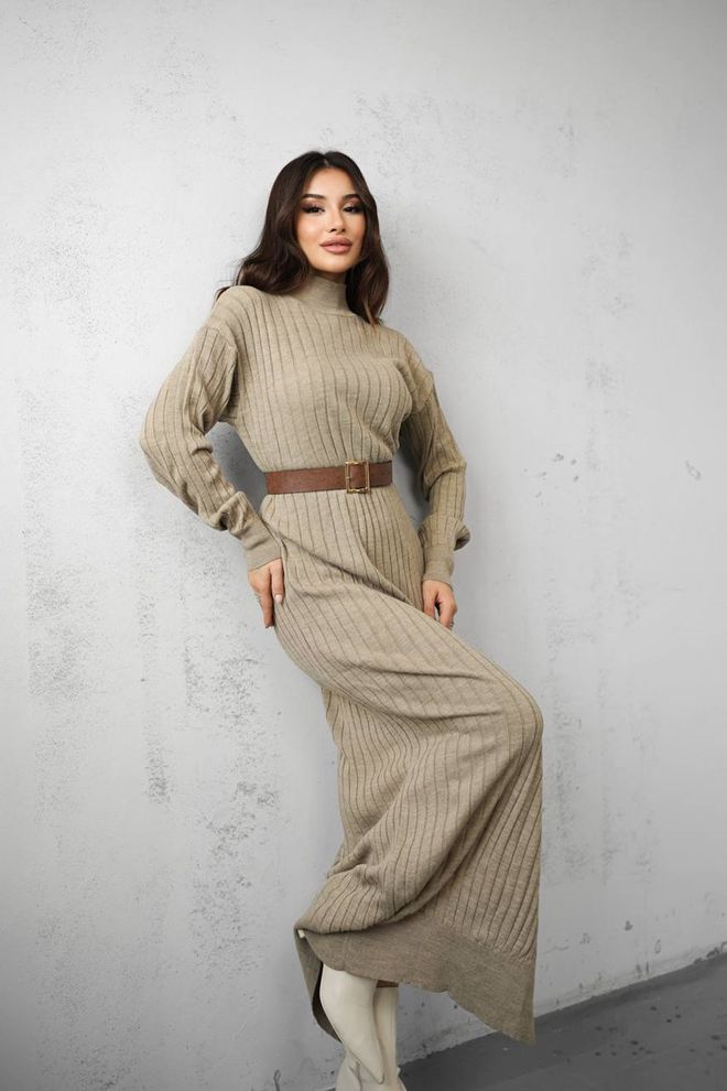 Maxi Modena Beige Striped Maxi Sweater Dress Wholesale Clothing Fall
