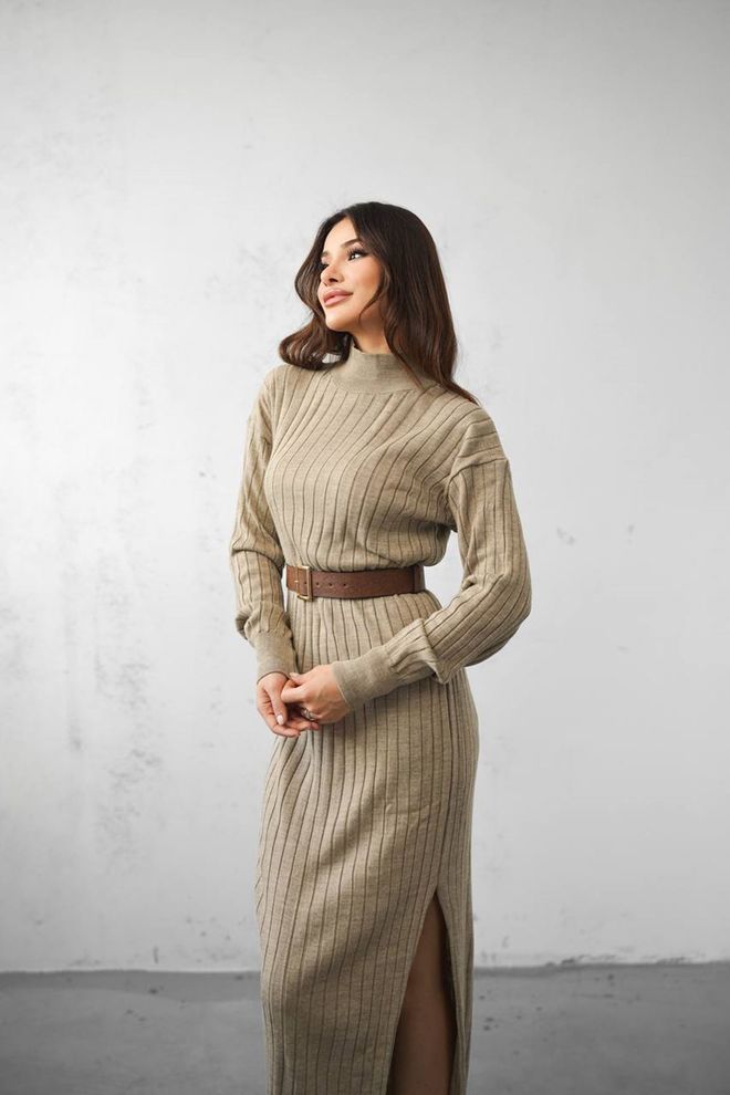 Maxi Modena Beige Striped Maxi Sweater Dress Wholesale Clothing 1