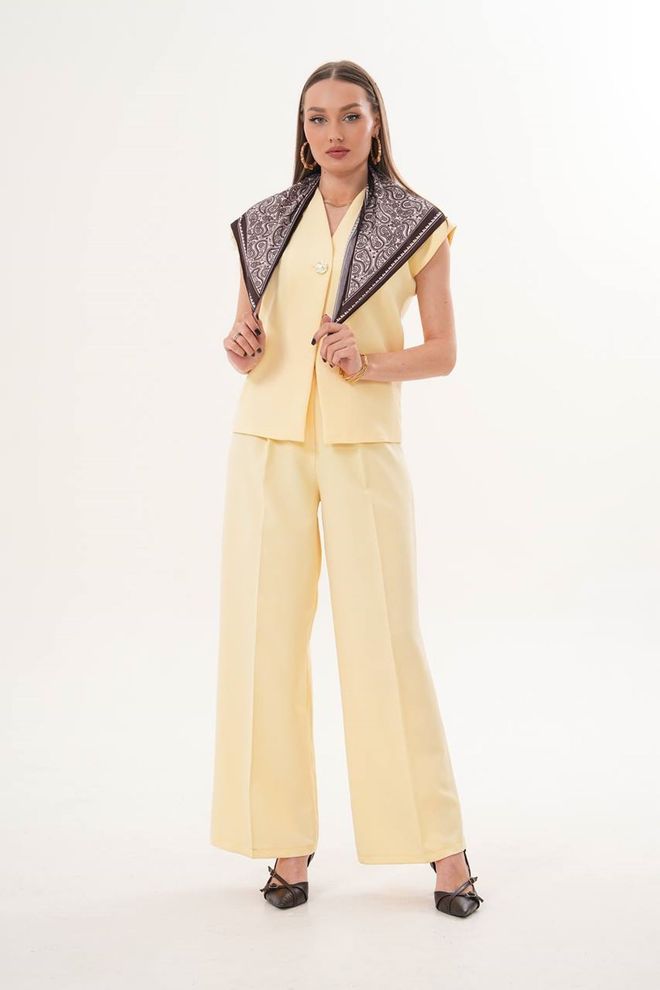 Maxi Modena Sarı Zarif Resmi Palazzo Set Toptan Giyim Gündelik