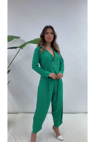 A wholesale clothing model wears  Linen Shalwar Trousers & Jacket Top And Bottom Set - Green
, Turkish wholesale Suit of Maxi Modena