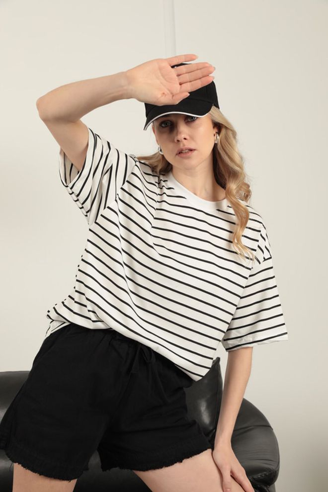 Maxi Modena T shirt In Tessuto Suprem A Righe Con Colletto Zero Multicolore Abbigliamento all'ingrosso Casuale