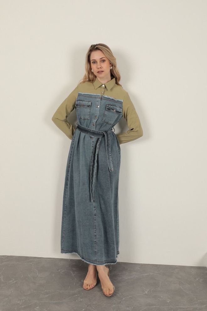 Maxi Modena Denim Fabric Garnished Dress Multicolor Wholesale Clothing Casual