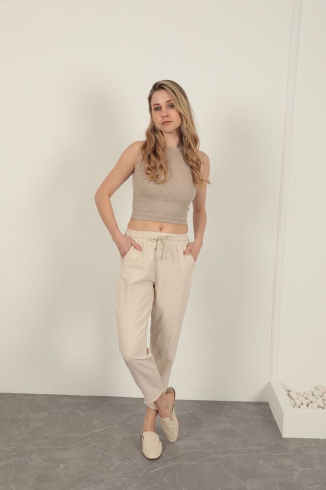 Maxi Modena Pantaloni Con Nappine In Tessuto Di Lino Stone Abbigliamento all'ingrosso Casuale
