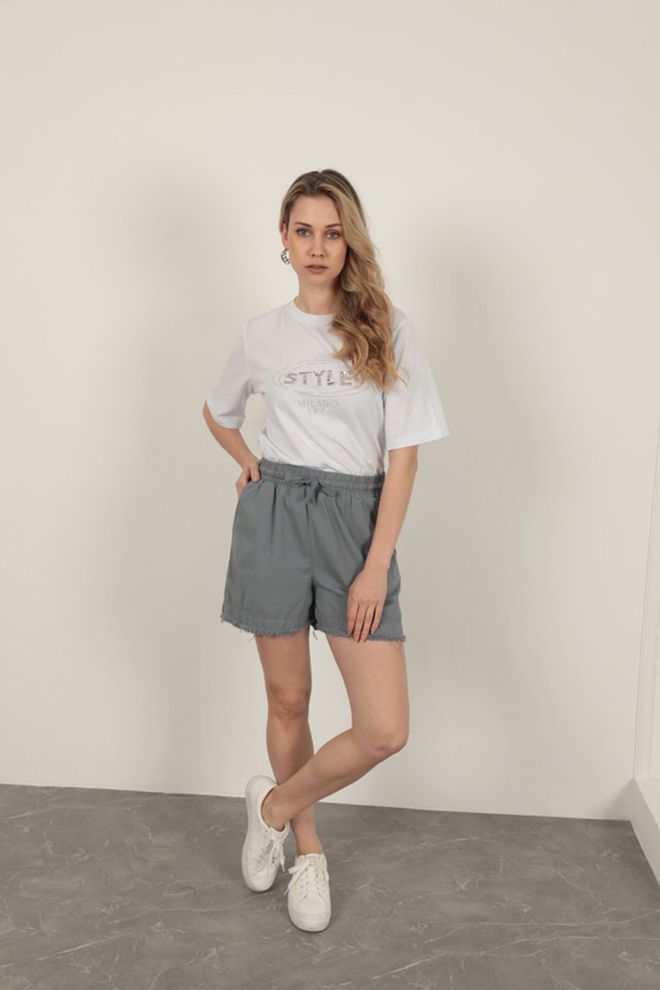 Maxi Modena Women's Shorts With Gabardine Fabric Tassel Grey Wholesale Clothing Casual