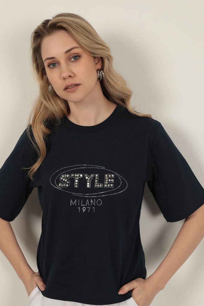 Maxi Modena Suprem Fabric Stone Detailed T Shirt Navy Blue Wholesale Clothing Birthday