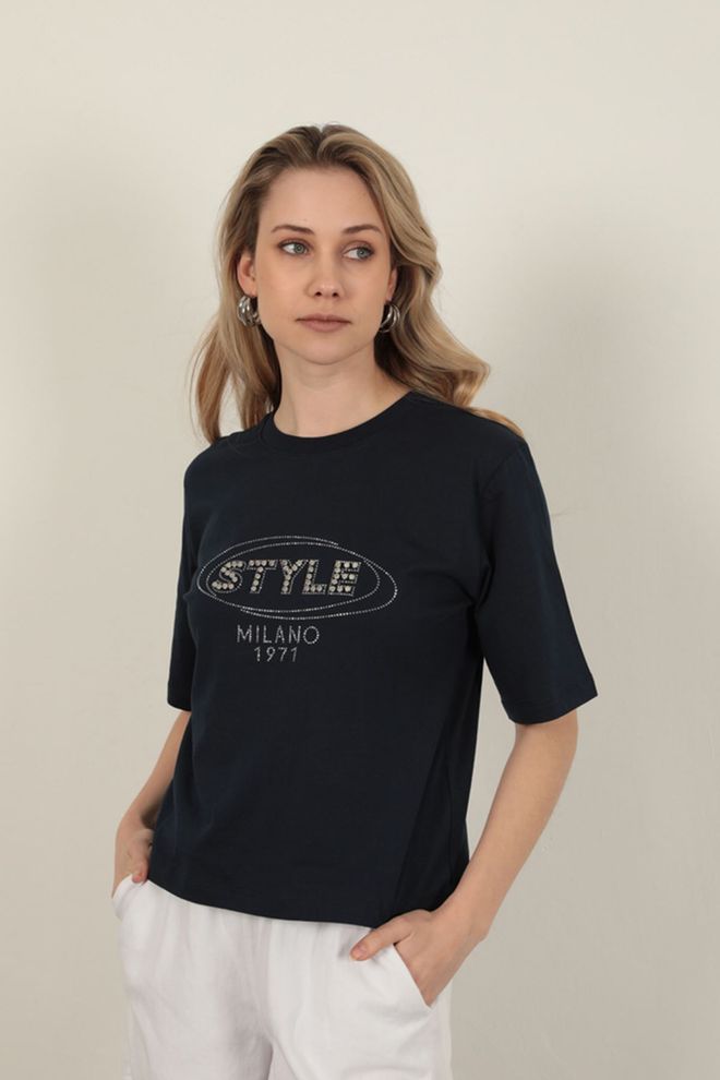 Maxi Modena Suprem Fabric Stone Detailed T Shirt Navy Blue Wholesale Clothing Spring