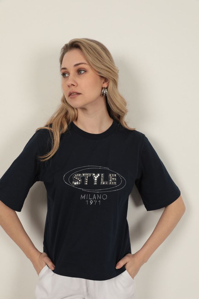 Maxi Modena Suprem Fabric Stone Detailed T Shirt Navy Blue Wholesale Clothing 4