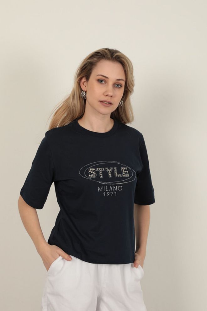 Maxi Modena Suprem Fabric Stone Detailed T Shirt Navy Blue Wholesale Clothing 5