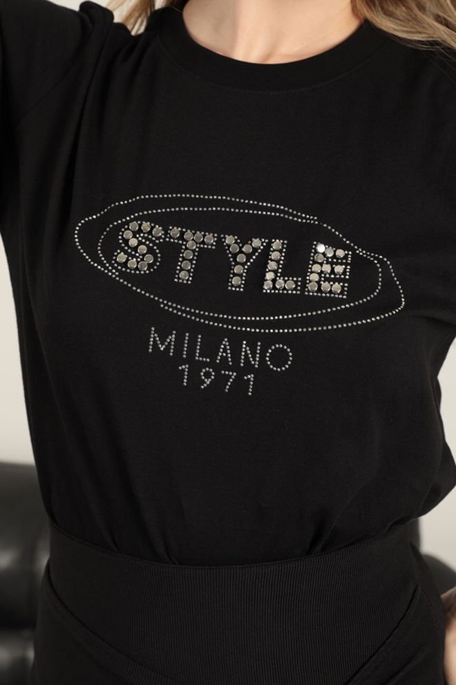 Maxi Modena Suprem Fabric Stone Detailed T Shirt Black Wholesale Clothing 5