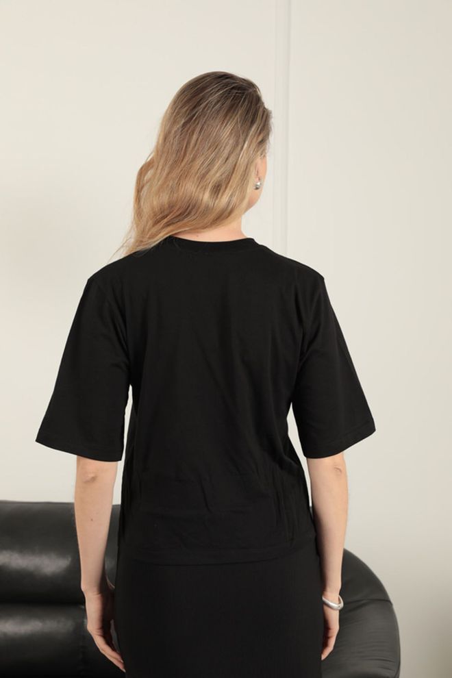 Maxi Modena Suprem Fabric Stone Detailed T Shirt Black Wholesale Clothing Summer