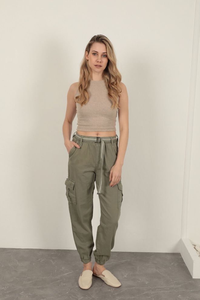 Maxi Modena Pantaloni Cargo Con Cintura In Tessuto Gabardine Khaki Abbigliamento all'ingrosso Casuale