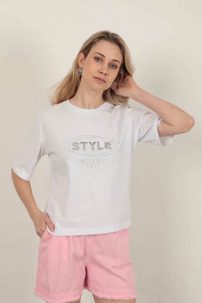 Maxi Modena Suprem Fabric Stone Detailed T Shirt White Wholesale Clothing Birthday