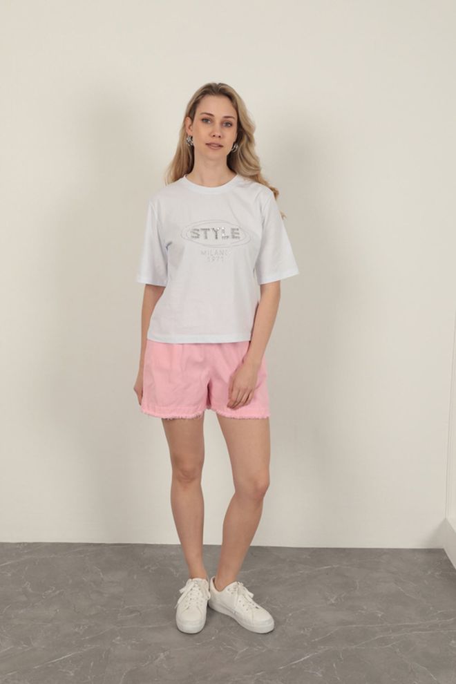 Maxi Modena Suprem Fabric Stone Detailed T Shirt White Wholesale Clothing Spring