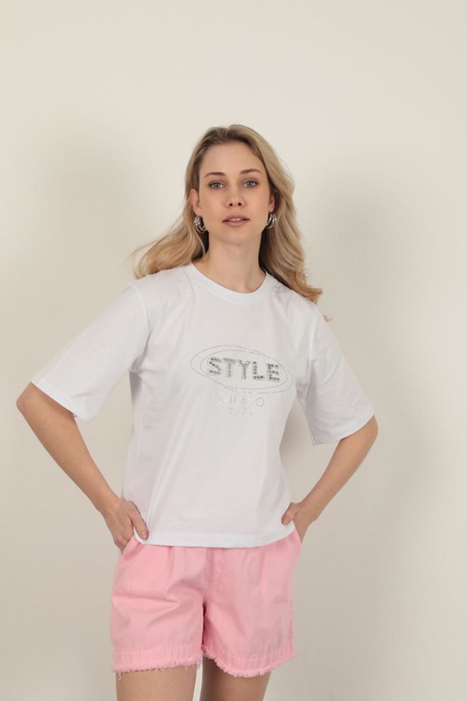 Maxi Modena Suprem Fabric Stone Detailed T Shirt White Wholesale Clothing 4