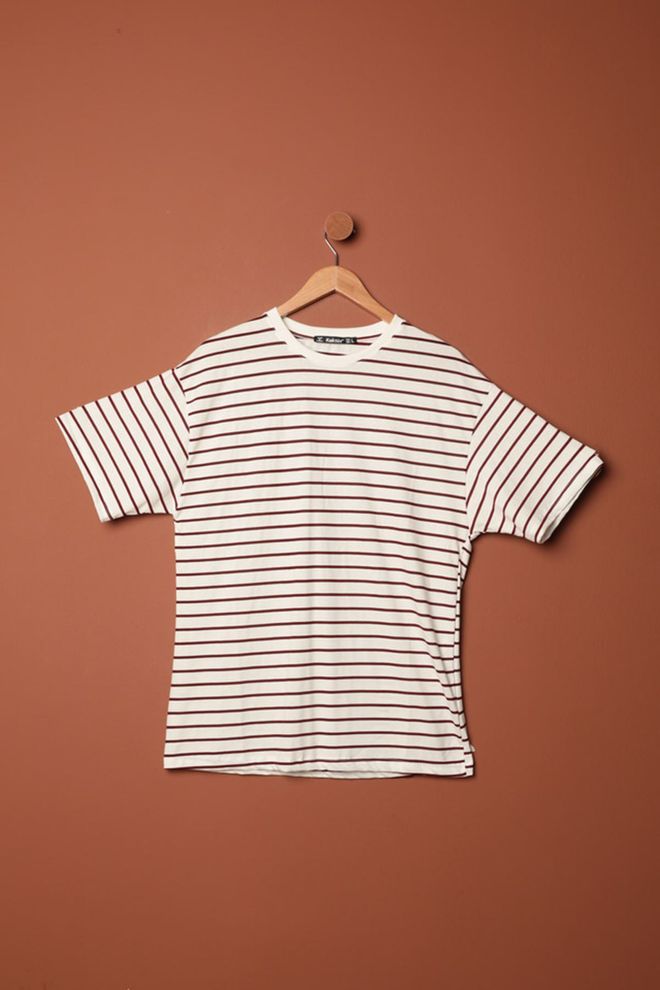 Maxi Modena T shirt In Tessuto Suprem A Righe Con Colletto Zero Bordeaux Abbigliamento all'ingrosso Casuale